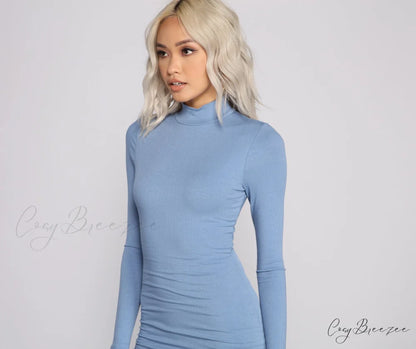 Basic Ribbed Knit Charming Long Sleeve Mini Dress
