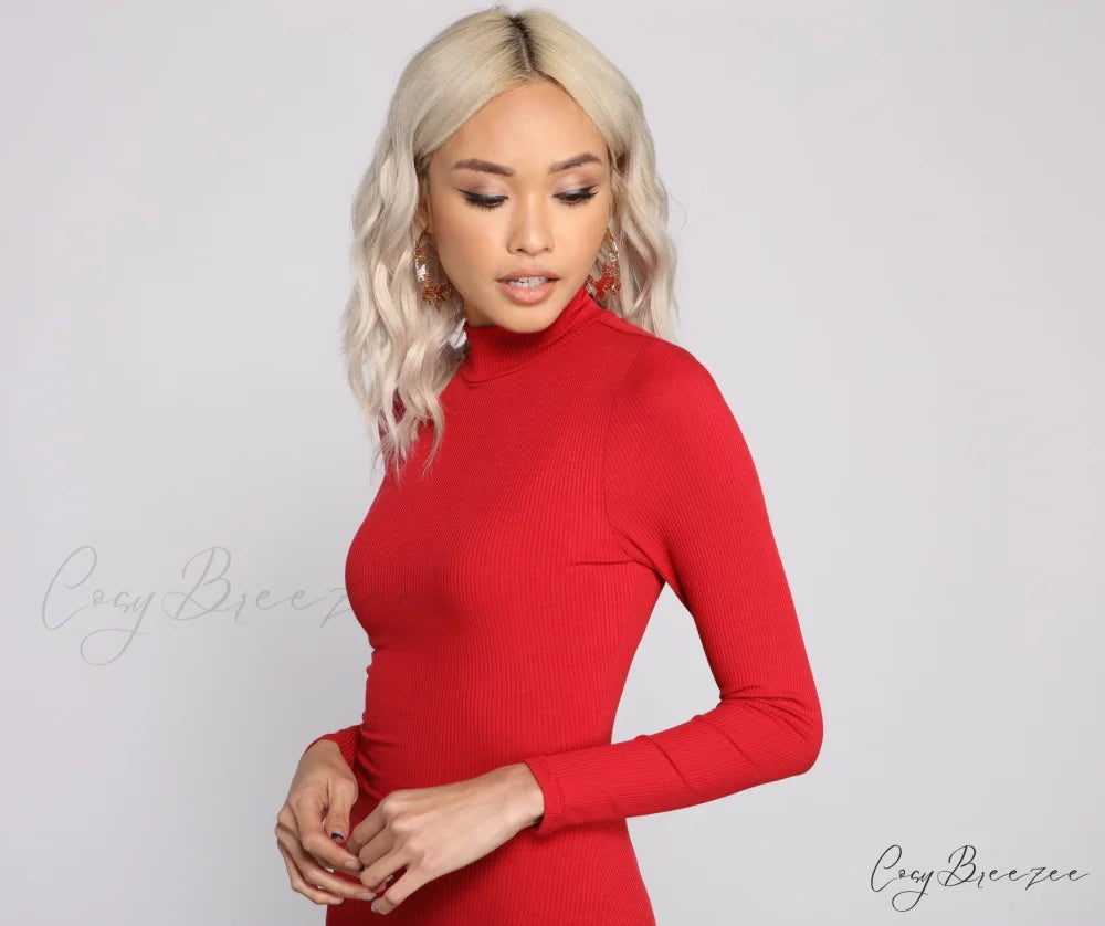 Basic Ribbed Knit Charming Long Sleeve Mini Dress