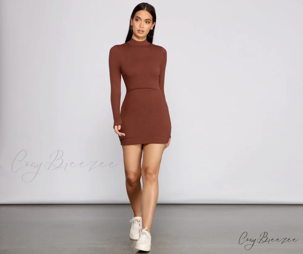 Basic Ribbed Knit Charming Long Sleeve Mini Dress