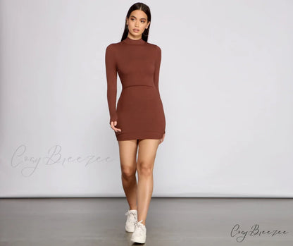 Basic Ribbed Knit Charming Long Sleeve Mini Dress