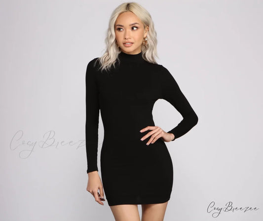 Basic Ribbed Knit Charming Long Sleeve Mini Dress BLACK / XS