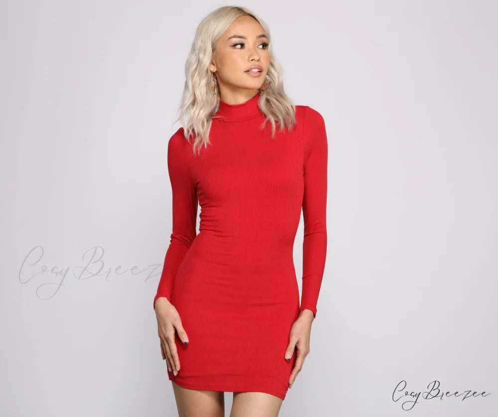 Basic Ribbed Knit Charming Long Sleeve Mini Dress RED / XS