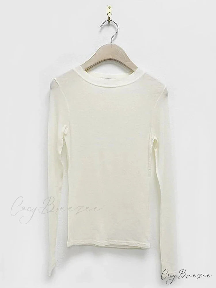 Basic Summer Breathable Long Sleeve Thin Knit Top WHITE / One Size knittop-250126