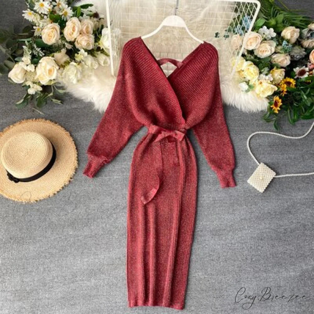 Bat V-Neck Vintage with Sweater Gown Green Knitted Sleeves Burgundy / One Size / China