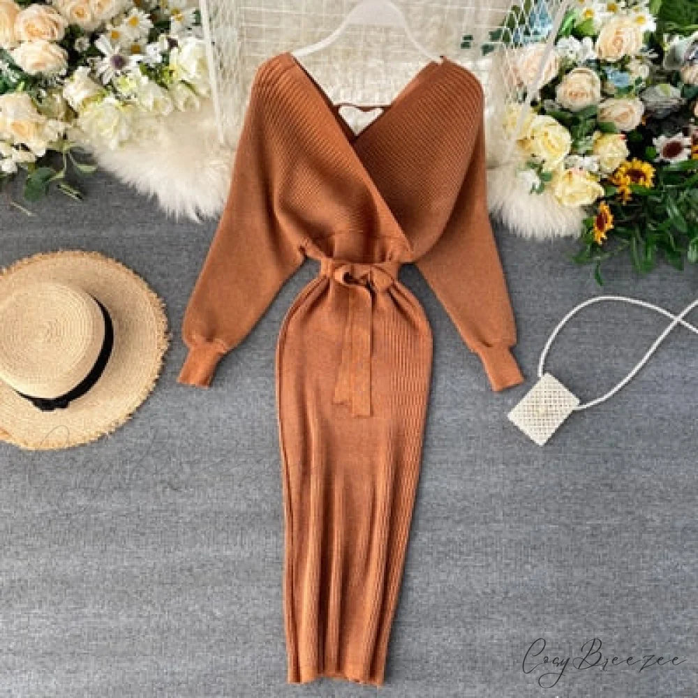 Bat V-Neck Vintage with Sweater Gown Green Knitted Sleeves Caramel color / One Size / China