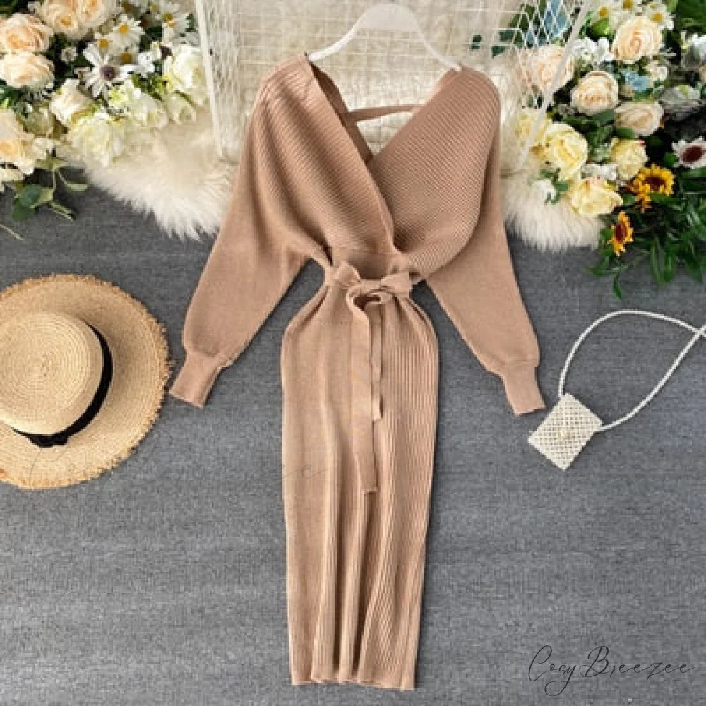 Bat V-Neck Vintage with Sweater Gown Green Knitted Sleeves Khaki / One Size / China