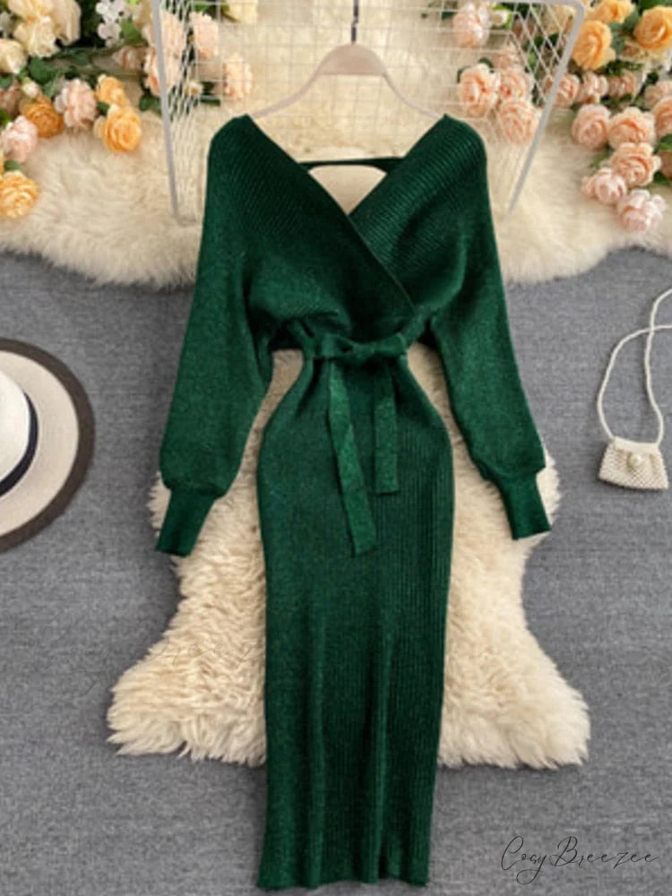Bat V-Neck Vintage with Sweater Gown Green Knitted Sleeves Green / One Size / China
