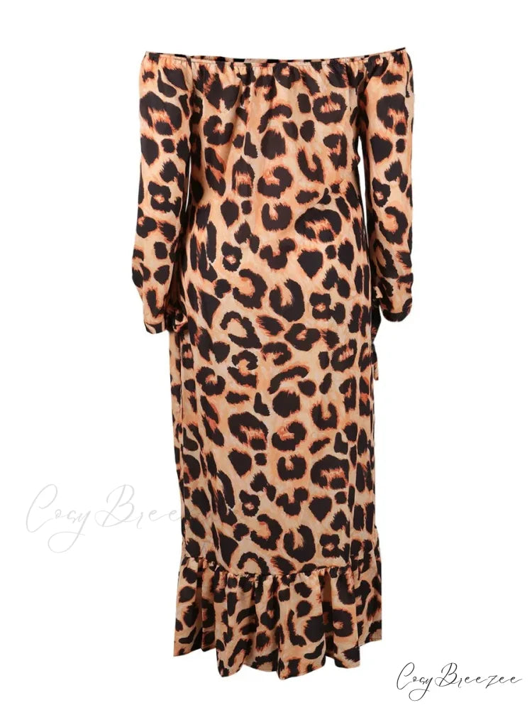 Bateau Neck Off Shoulder Sexy Long Sleeve Boho Dress