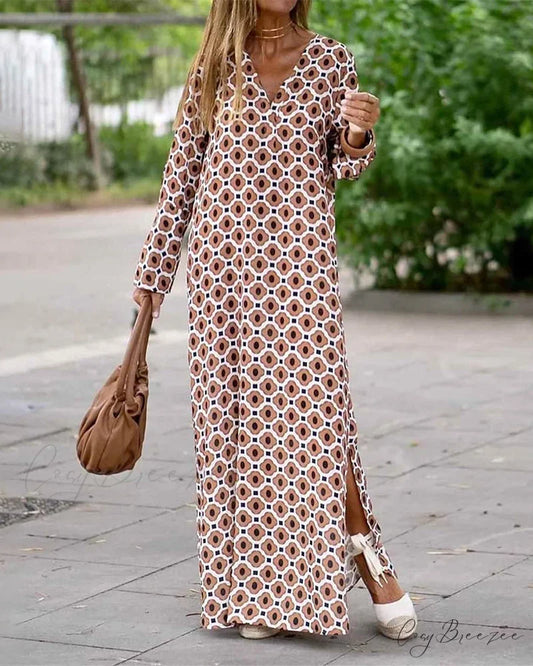 Batik print long sleeve dress Brown / S