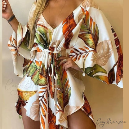 Batwing Gown Mini Gown Lace-Up Harajuku Casual Irregular Design Leopard Party - Sexy Foliage Women Elegant V-Neck