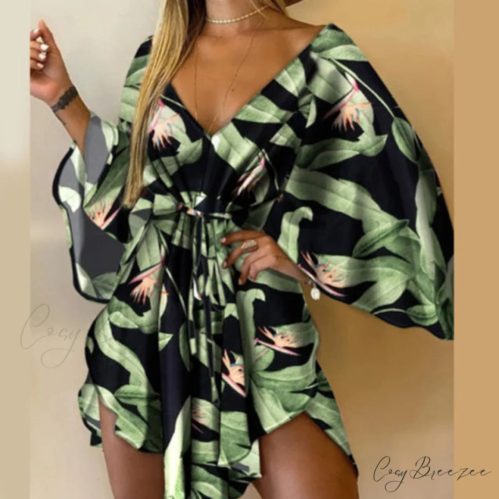 Batwing Gown Mini Gown Lace-Up Harajuku Casual Irregular Design Leopard Party - Sexy Foliage Women Elegant V-Neck