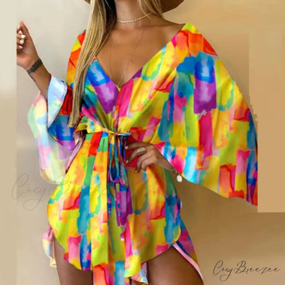Batwing Gown Mini Gown Lace-Up Harajuku Casual Irregular Design Leopard Party - Sexy Foliage Women Elegant V-Neck