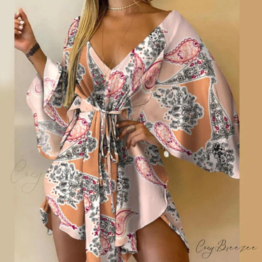 Batwing Gown Mini Gown Lace-Up Harajuku Casual Irregular Design Leopard Party - Sexy Foliage Women Elegant V-Neck
