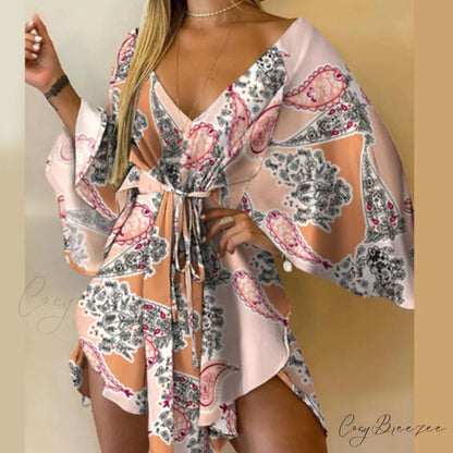 Batwing Gown Mini Gown Lace-Up Harajuku Casual Irregular Design Leopard Party - Sexy Foliage Women Elegant V-Neck