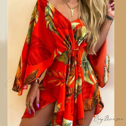 Batwing Gown Mini Gown Lace-Up Harajuku Casual Irregular Design Leopard Party - Sexy Foliage Women Elegant V-Neck