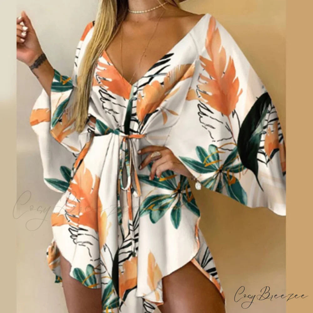 Batwing Gown Mini Gown Lace-Up Harajuku Casual Irregular Design Leopard Party - Sexy Foliage Women Elegant V-Neck