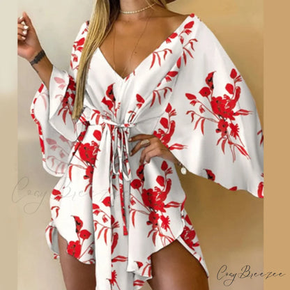 Batwing Gown Mini Gown Lace-Up Harajuku Casual Irregular Design Leopard Party - Sexy Foliage Women Elegant V-Neck