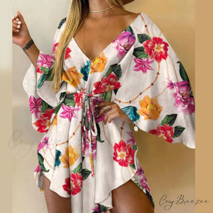 Batwing Gown Mini Gown Lace-Up Harajuku Casual Irregular Design Leopard Party - Sexy Foliage Women Elegant V-Neck