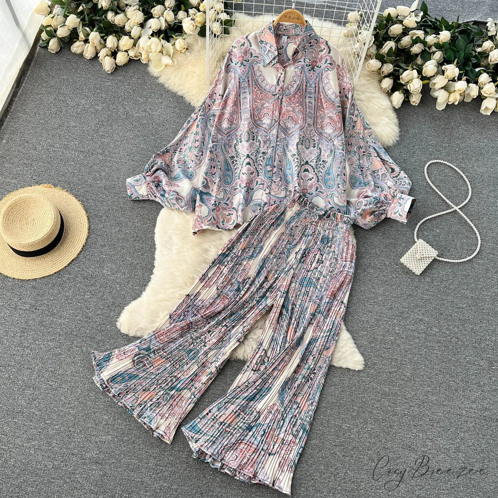 Batwing Retro Blouse Arm Casual Women’s Design Waist Spring High Set + Pants 1993Apricot pink / One Size