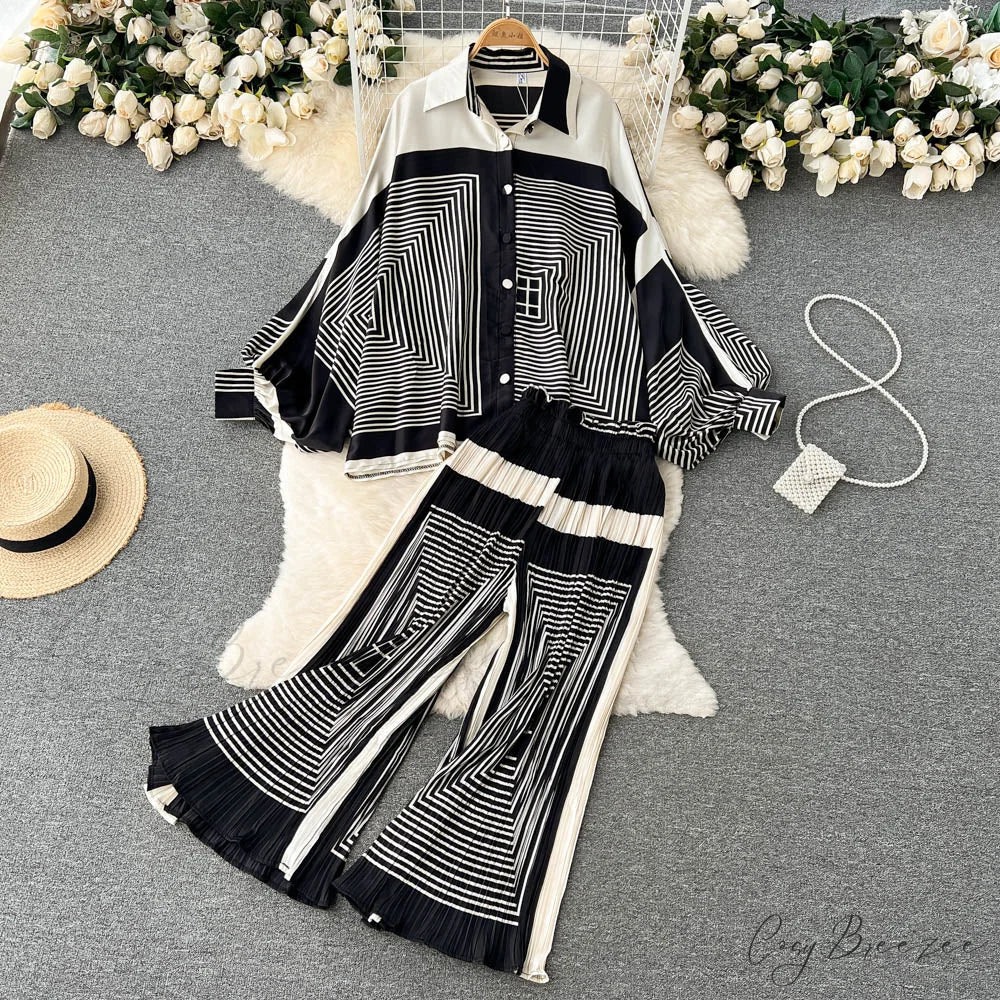 Batwing Retro Blouse Arm Casual Women’s Design Waist Spring High Set + Pants 1993black / One Size