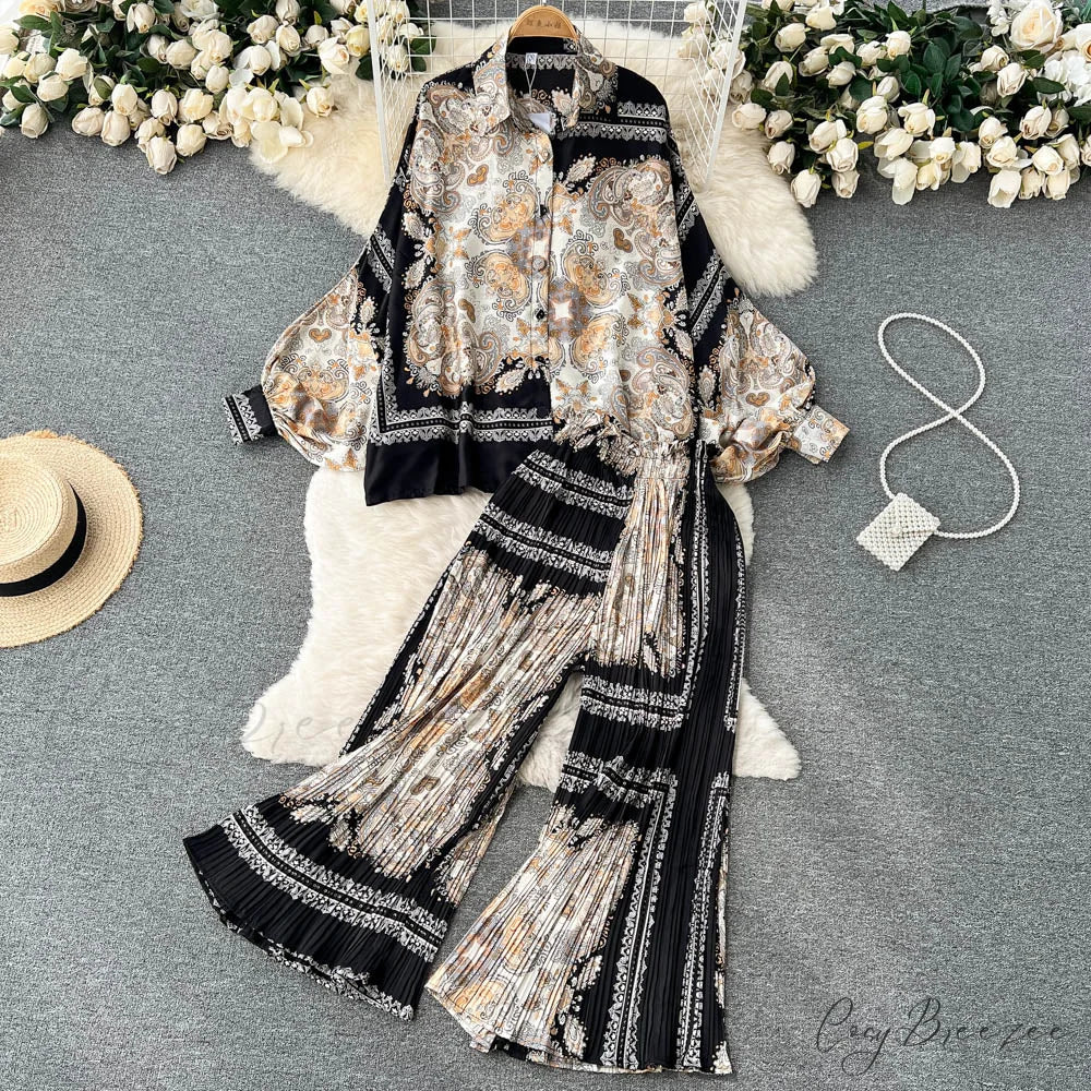 Batwing Retro Blouse Arm Casual Women’s Design Waist Spring High Set + Pants 1993Black white / One Size