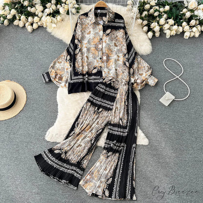 Batwing Retro Blouse Arm Casual Women’s Design Waist Spring High Set + Pants 1993Black white / One Size