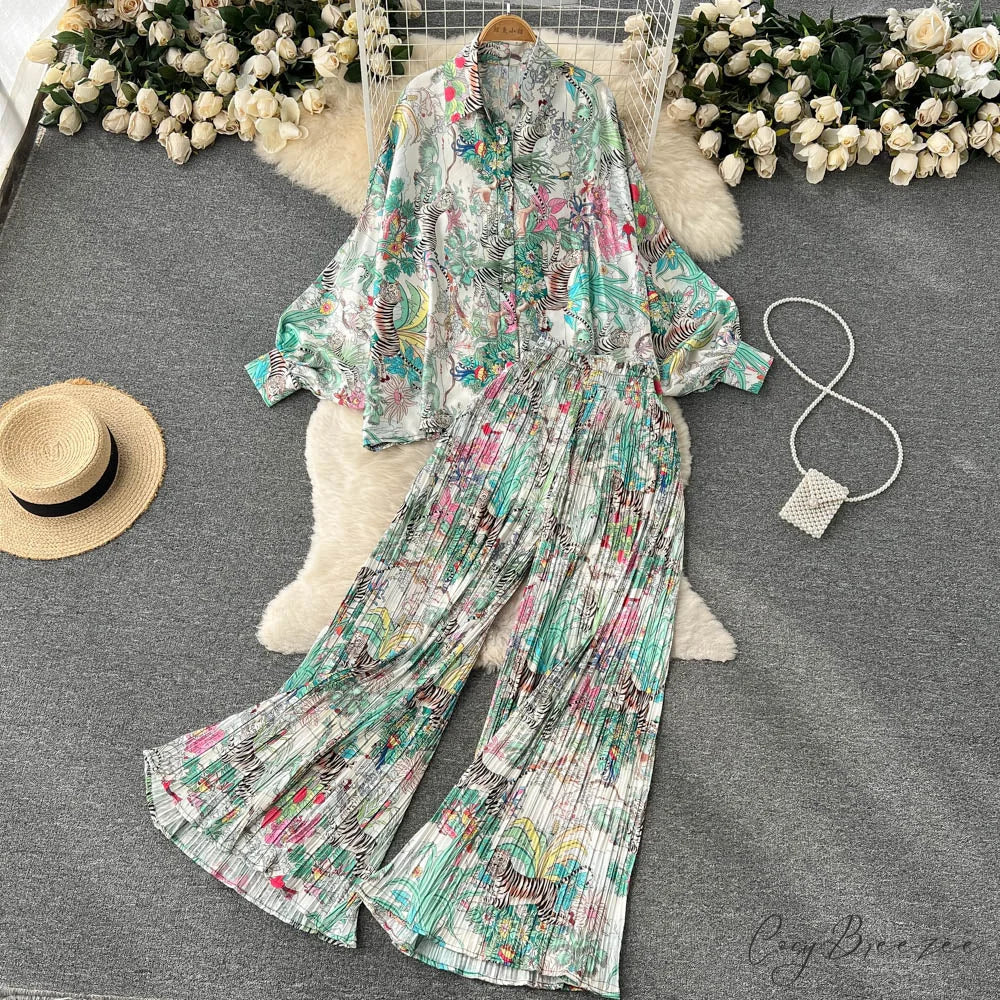 Batwing Retro Blouse Arm Casual Women’s Design Waist Spring High Set + Pants 1993blue / One Size