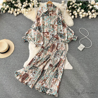 Batwing Retro Blouse Arm Casual Women’s Design Waist Spring High Set + Pants 1993Floral 2 / One Size