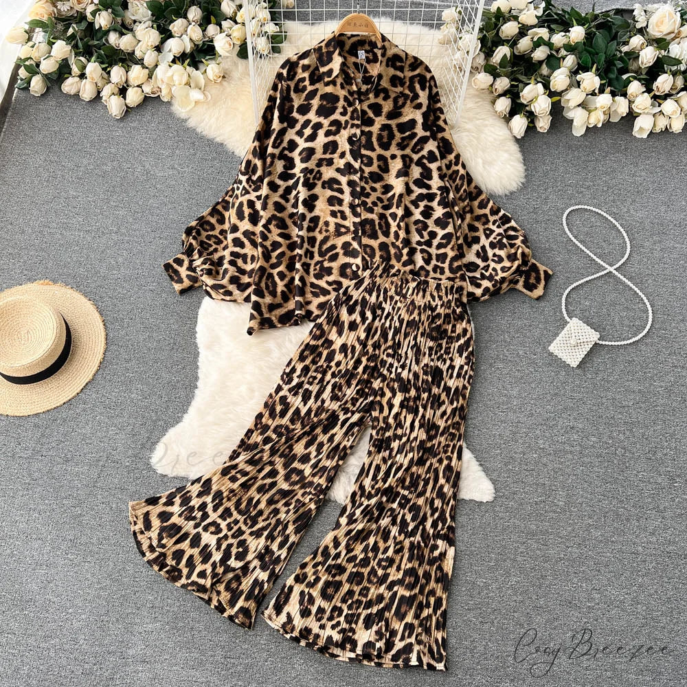 Batwing Retro Blouse Arm Casual Women’s Design Waist Spring High Set + Pants 1993Leopard / One Size