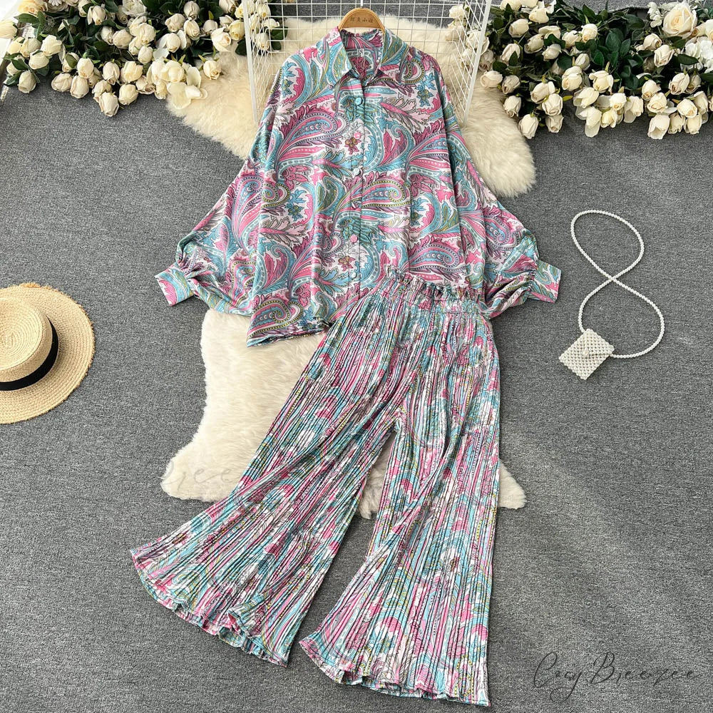 Batwing Retro Blouse Arm Casual Women’s Design Waist Spring High Set + Pants 1993Pink flower / One Size