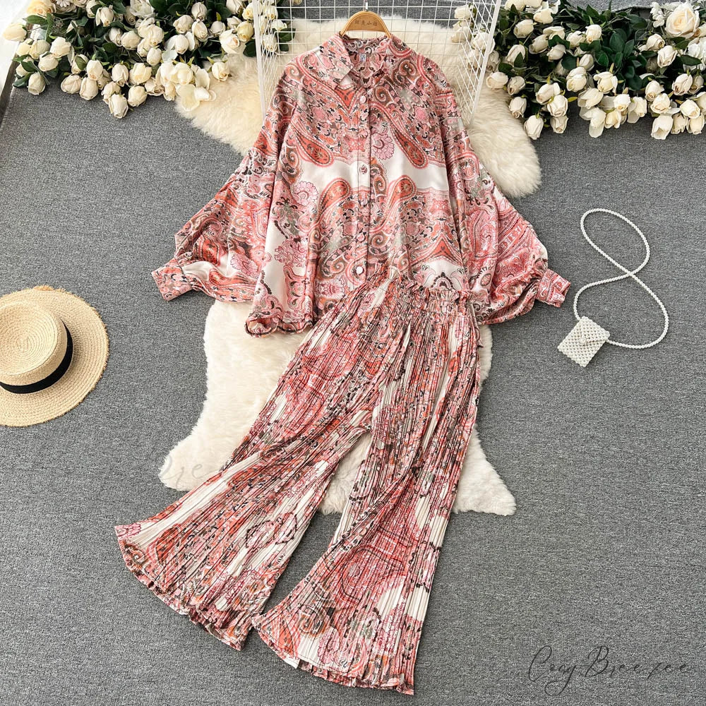Batwing Retro Blouse Arm Casual Women’s Design Waist Spring High Set + Pants 1993PINK / One Size