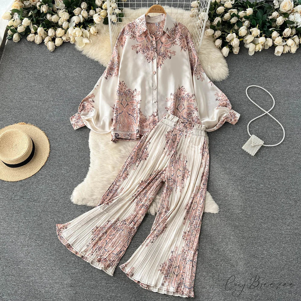 Batwing Retro Blouse Arm Casual Women’s Design Waist Spring High Set + Pants 1993white / One Size