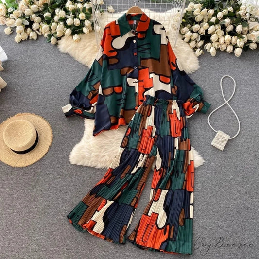 Batwing Retro Blouse Arm Casual Women’s Design Waist Spring High Set + Pants
