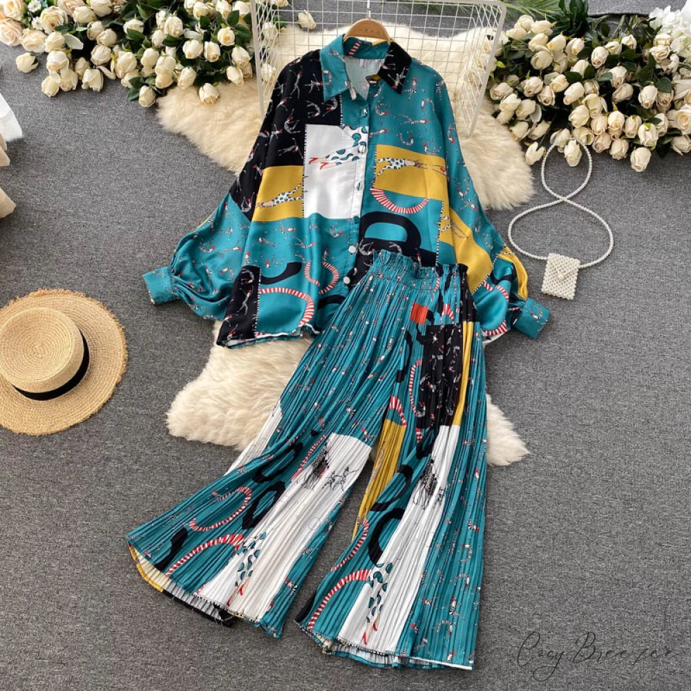 Batwing Retro Blouse Arm Casual Women’s Design Waist Spring High Set + Pants blue / One Size