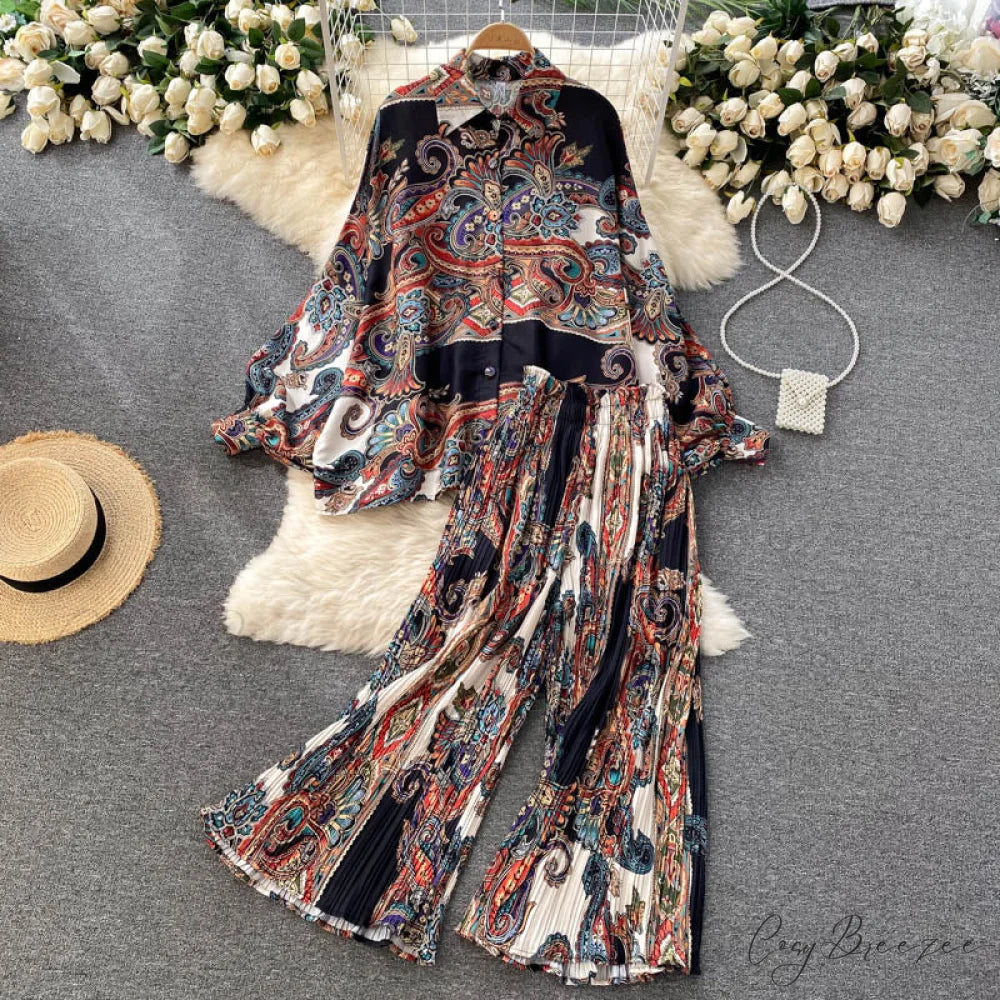 Batwing Retro Blouse Arm Casual Women’s Design Waist Spring High Set + Pants brown / One Size