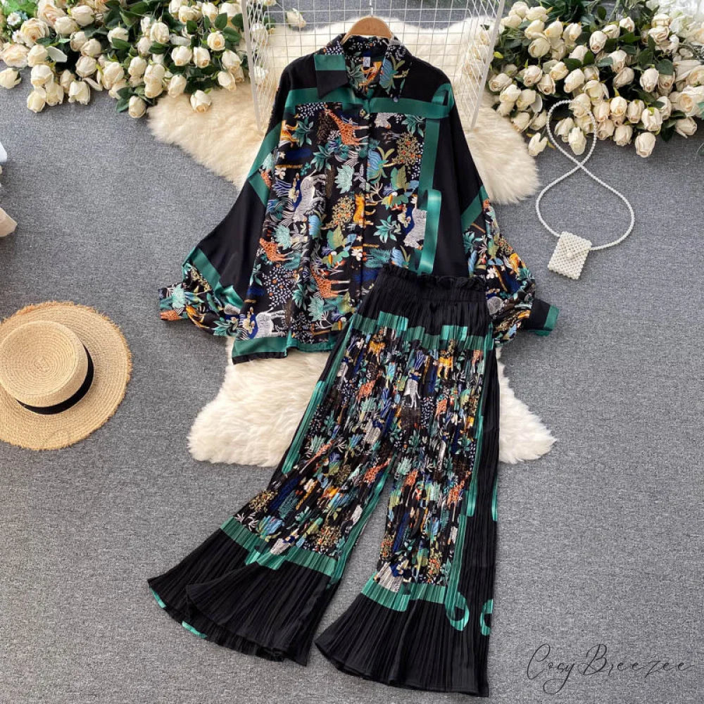 Batwing Retro Blouse Arm Casual Women’s Design Waist Spring High Set + Pants green / One Size