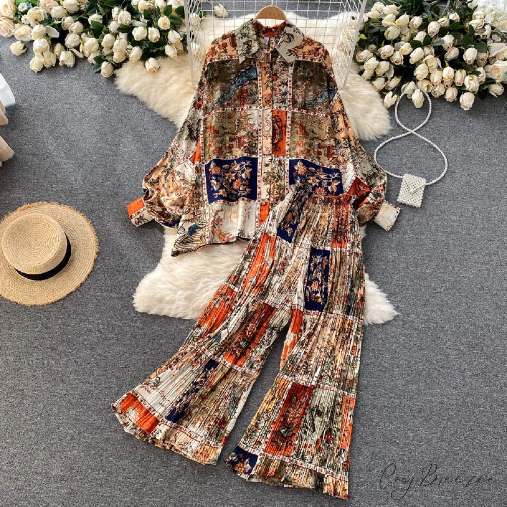 Batwing Retro Blouse Arm Casual Women’s Design Waist Spring High Set + Pants khaki / One Size