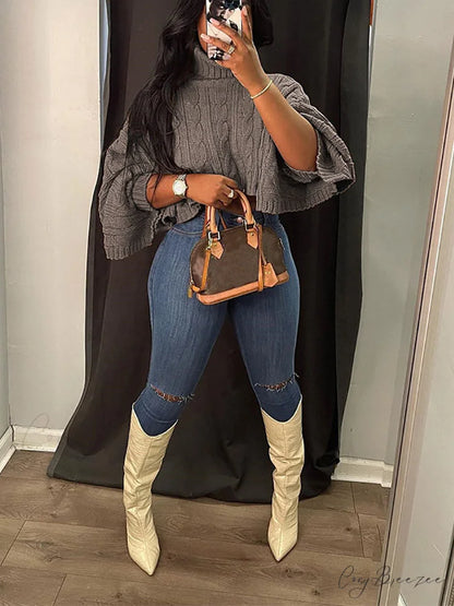 Batwing Sleeve Hollow Trendy Knitted Pullover Top