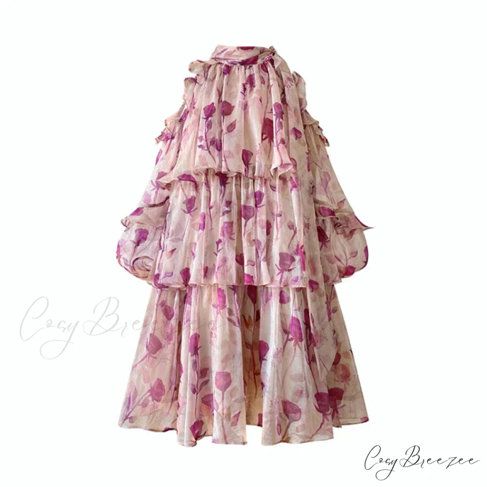 Batwing Sleeves Loose Solid Modern Color Round-Neck Mini Dresses Floral dress / S
