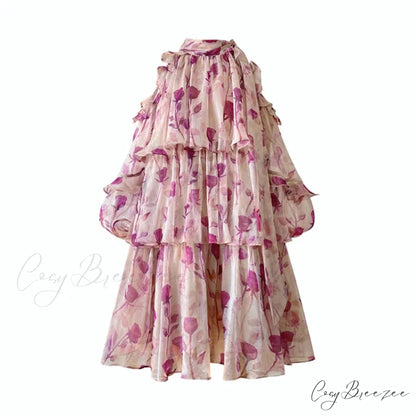 Batwing Sleeves Loose Solid Modern Color Round-Neck Mini Dresses Floral dress / S