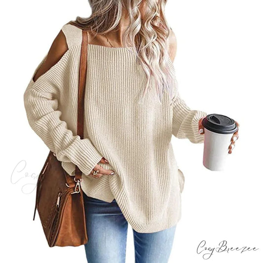 Batwing Tunic Cold Knitted Shoulder Tops for Women Beige / S