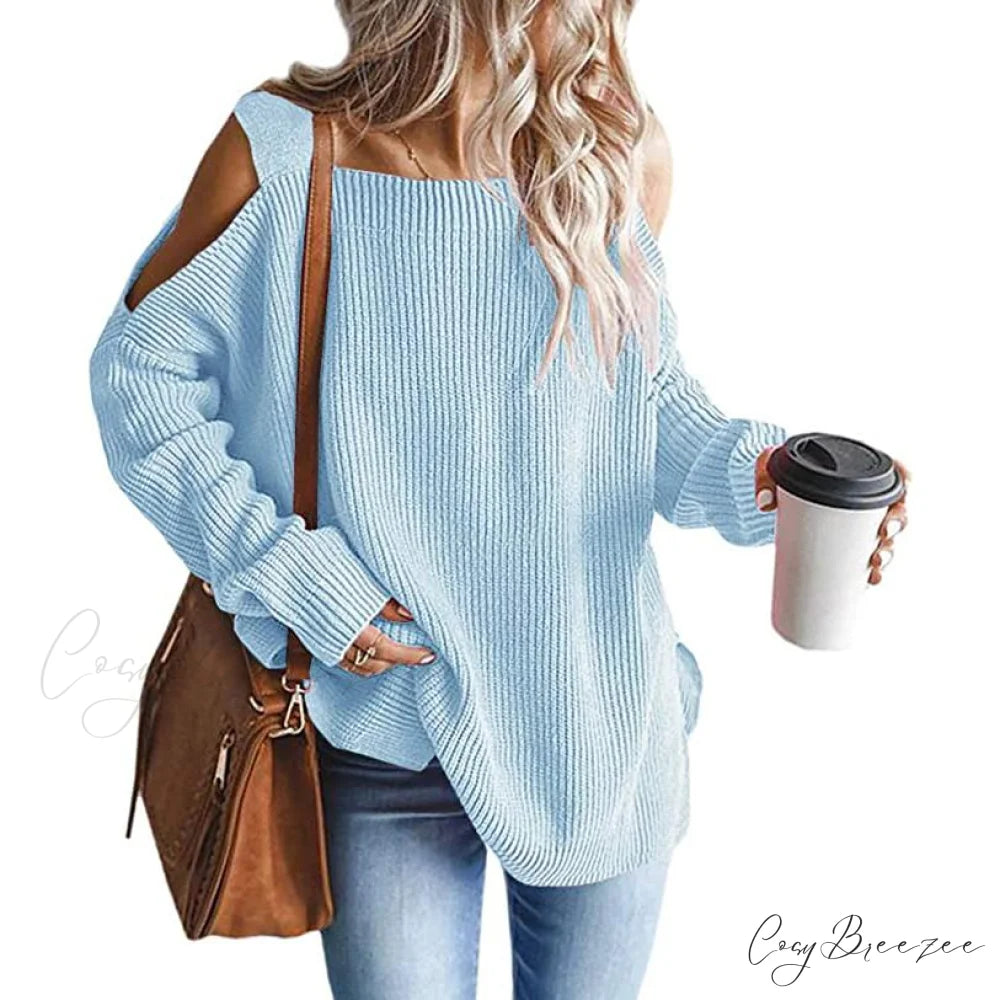 Batwing Tunic Cold Knitted Shoulder Tops for Women Blue / S