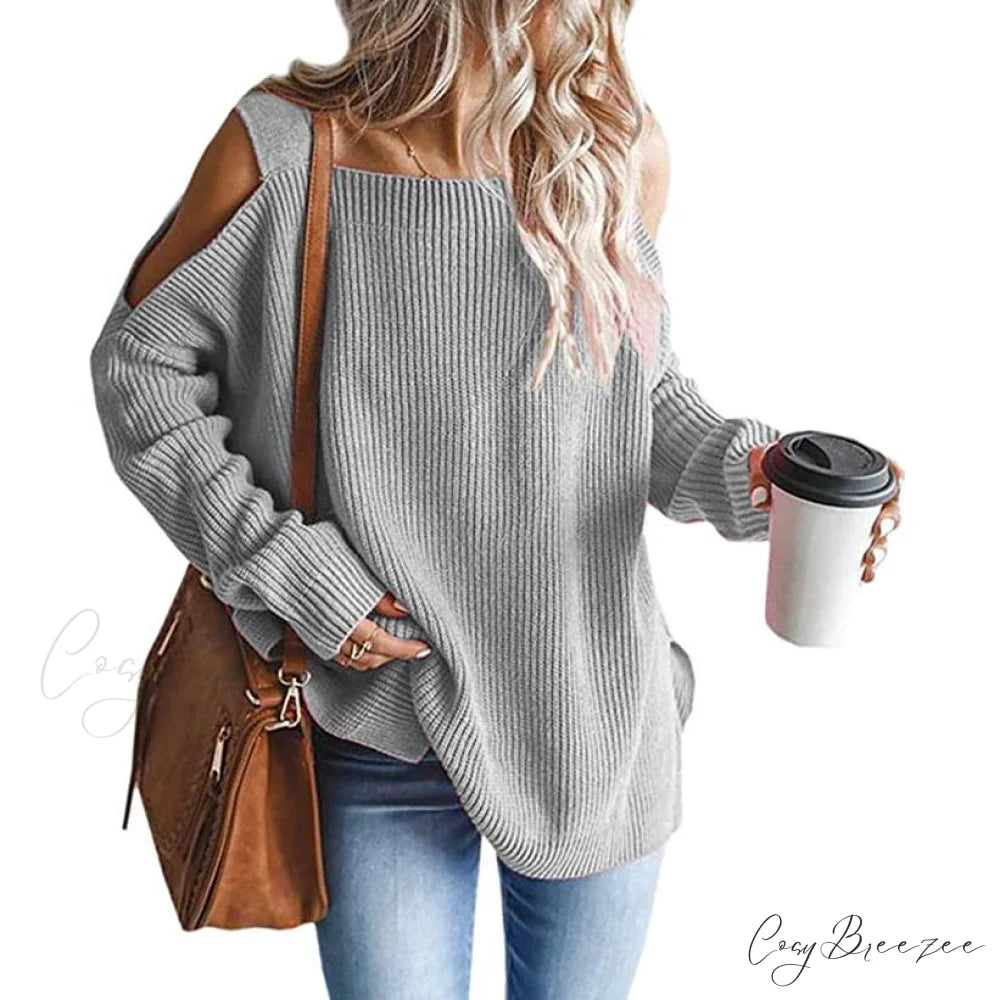 Batwing Tunic Cold Knitted Shoulder Tops for Women Gray / S