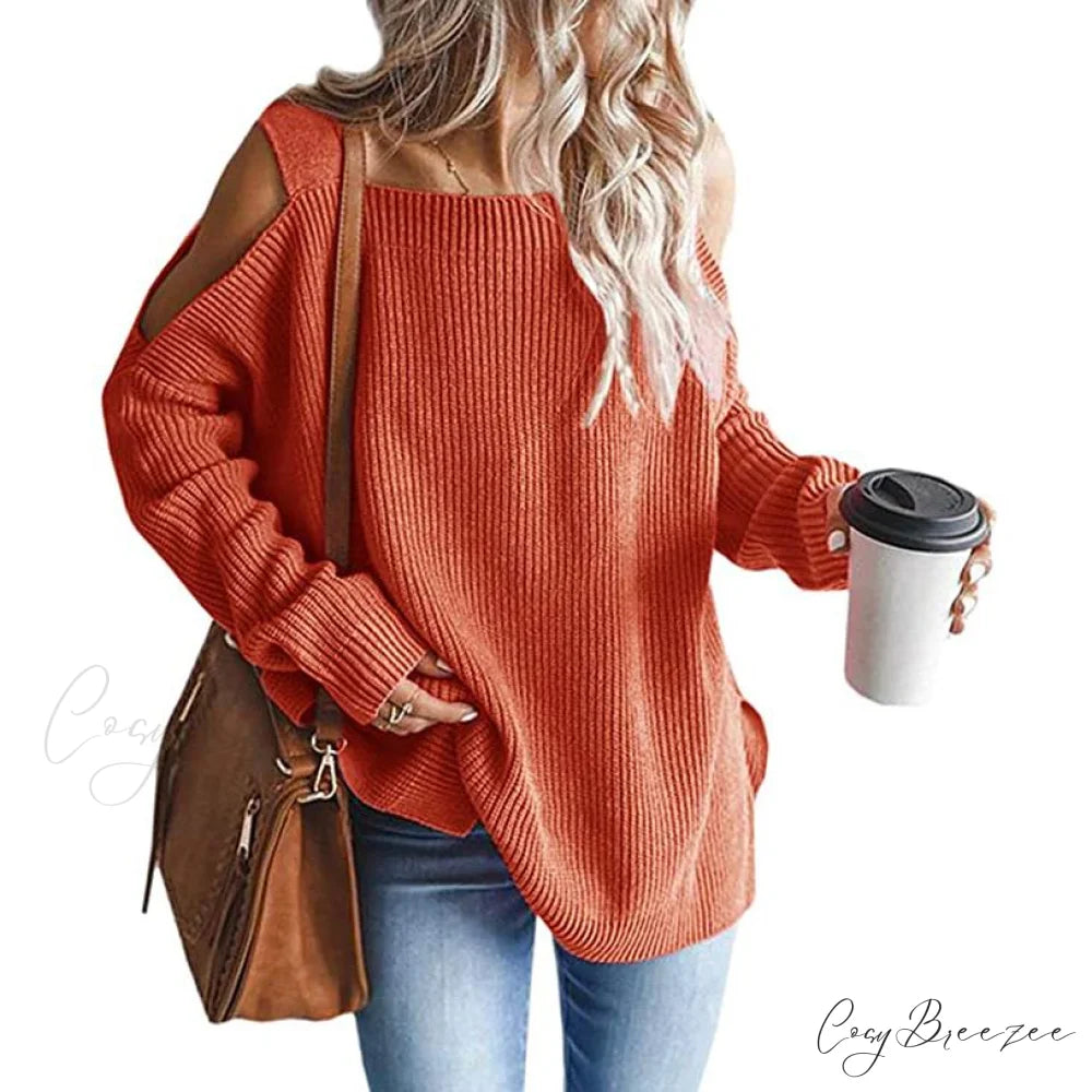 Batwing Tunic Cold Knitted Shoulder Tops for Women Orange / S