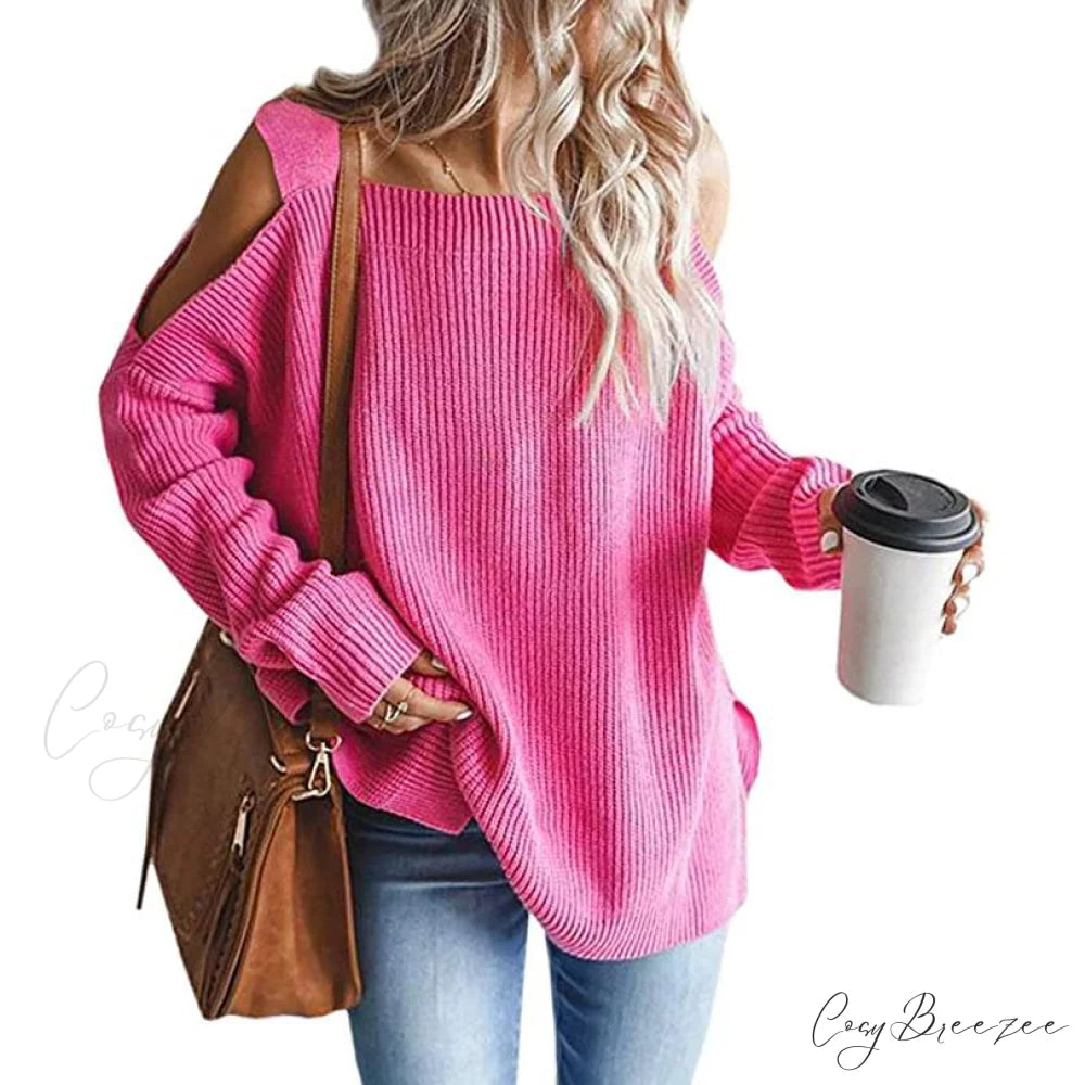 Batwing Tunic Cold Knitted Shoulder Tops for Women Pink / S