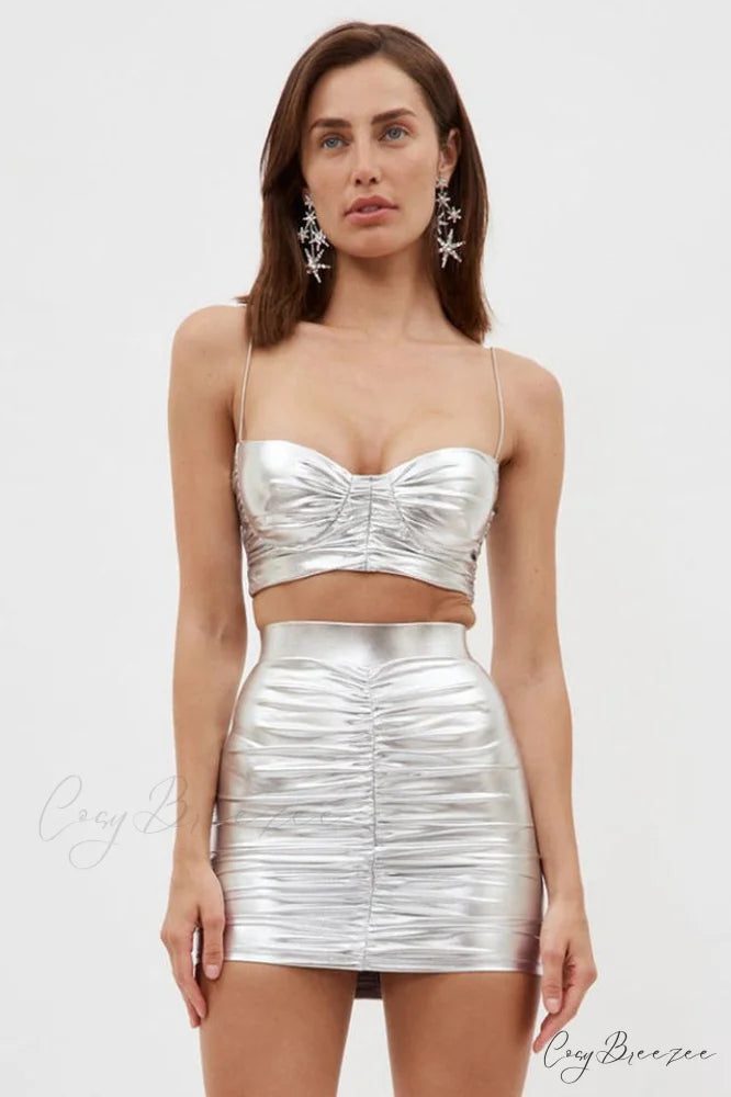 Bauer Ruched Bralette Charming + Riley Skirt Set XS / Metallic Silver