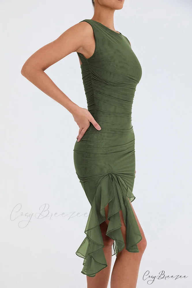Bay Leaf Stylish Ruffle Midi Dress