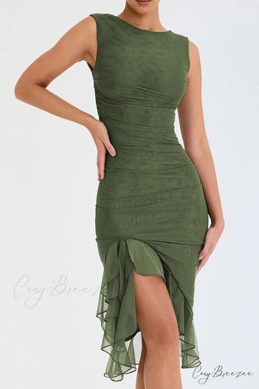 Bay Leaf Stylish Ruffle Midi Dress S / Leaf
