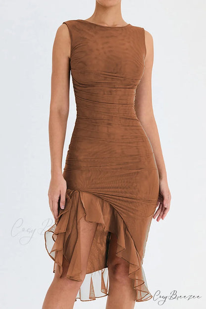 Bay Leaf Stylish Ruffle Midi Dress S / Brown
