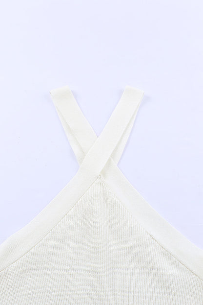 White Neck Knit Ribbed Halter Tank Cross Criss Top